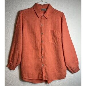 Chico’s design 100 % Linen button down Coral Orange Shirt Blouse Sz  2 (…